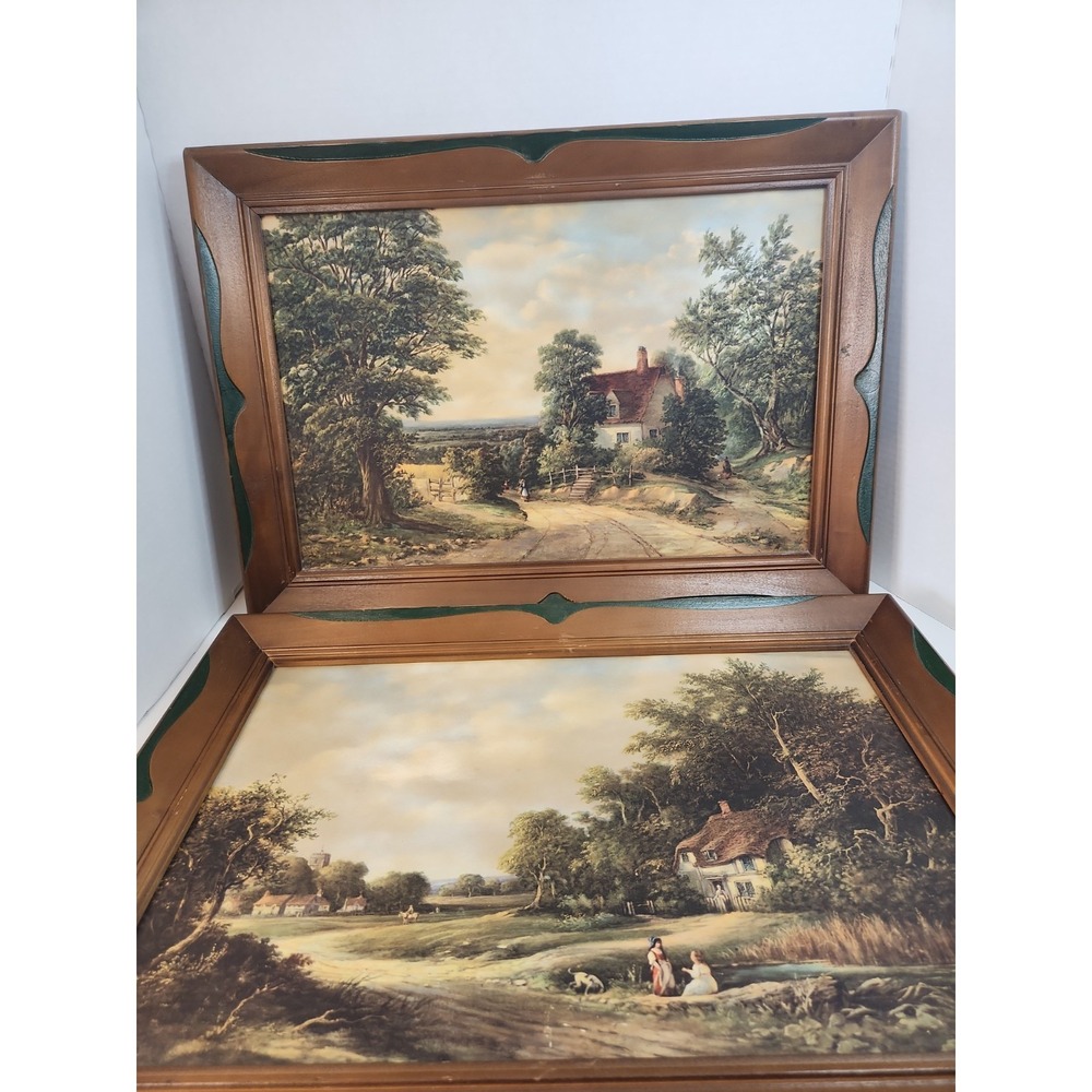 Vtg Landscape Art Prints Cottagecore Set Wood Framed Scalloped Edge 70s-80s